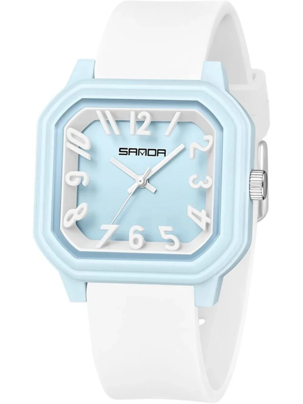 Women’s Blue White Big Arabic Numbers Silicone Strap Analog Square Wrist Watch